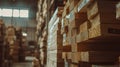 A warehouse filled with timber building supplies stacked in rows. Royalty Free Stock Photo