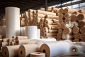 Warehouse for finished products of a paper mill. Large rolls of paper in the workshop. Production of paper and cardboard