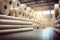 Warehouse for finished products of a paper mill. Large rolls of paper in the workshop. Production of paper and cardboard