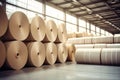 Warehouse for finished products of a paper mill. Large rolls of paper in the workshop. Production of paper and cardboard