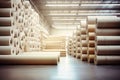 Warehouse for finished products of a paper mill. Large rolls of paper in the workshop. Production of paper and cardboard