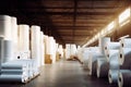 Warehouse for finished products of a paper mill. Large rolls of paper in the workshop. Production of paper and cardboard