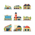 Warehouse. Flat facade buildings of store or factory warehouse exterior house vector illustrations