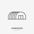Warehouse flat line icon. Storage building, hangar sign. Thin linear logo for cargo trucking, freight services