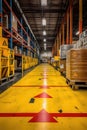 warehouse floor marked with safety and directional signs