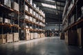 warehouse, with forklift moving boxes of products between shelves Royalty Free Stock Photo