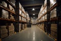 warehouse, with forklift moving boxes of products between shelves Royalty Free Stock Photo