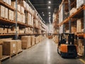 Warehouse full of shelves with goods in cartons, with pallets and forklifts Royalty Free Stock Photo