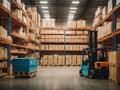 Warehouse full of shelves with goods in cartons, with pallets and forklifts Royalty Free Stock Photo
