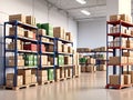 warehouse full of shelves with goods in cartons a product distribution center. generative AI Royalty Free Stock Photo