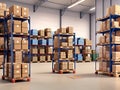 warehouse full of shelves with goods in cartons a product distribution center. generative AI Royalty Free Stock Photo