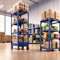 warehouse full of shelves with goods in cartons a product distribution center. generative AI Royalty Free Stock Photo