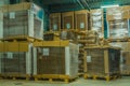 Warehouse goods - shop. Product and tea boxes. Transshipment base.