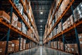 Warehouse with high shelving and boxes. Royalty Free Stock Photo