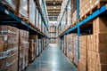 Warehouse with high shelving and boxes. Royalty Free Stock Photo