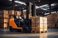 Warehouse hustle Forklift loads pallets and boxes for distribution tasks