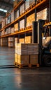 Warehouse hustle Forklift loads pallets and boxes for distribution tasks