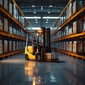 Warehouse hustle Forklift loads pallets and boxes for distribution tasks