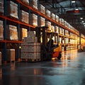 Warehouse hustle Forklift loads pallets and boxes for distribution tasks