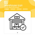 Warehouse icon with checkmark sign with outline style isolated on white background. Vector illustration warehouse sign symbol icon