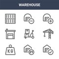 9 warehouse icons pack. trendy warehouse icons on white background. thin outline line icons such as warehouse, crane, . icon set Royalty Free Stock Photo