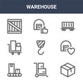 9 warehouse icons pack. trendy warehouse icons on white background. thin outline line icons such as parcel, warehouse, . icon set Royalty Free Stock Photo