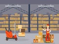 Warehouse Indoor Space with Goods on Shelf, Professional Workers in Uniform and Forklift Car, Storage, Distribution and