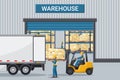 Warehouse with industrial metal racks and shelves for pallet support. Forklift loading boxes to a container truck. Cargo and