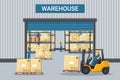 Warehouse with industrial metal racks and shelves for pallet support. Worker driving a forklift. Forklift driving safety. Cargo