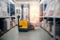 Warehouse industrial premises for storing materials and wood, forklift. Concept logistics, transport. Motion blur effect Royalty Free Stock Photo