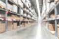 Warehouse industry blur background with  logistic wholesale storehouse, blurry industrial silo interior aisle for furniture Royalty Free Stock Photo