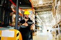 Warehouse worker doing logistics work with forklift loader Royalty Free Stock Photo