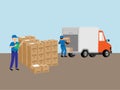 Warehouse inspector holding a clipboard, checking package details for damage, and ready to ship with the loader unloads the goods Royalty Free Stock Photo