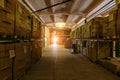 Warehouse interior. Cardboard boxes with finished production ready for transportation