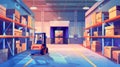 Warehouse interior and cargo storage modern background. Forklift holding box in store office hangar. Logistic stockroom Royalty Free Stock Photo