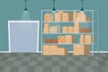 Warehouse interior in cartoon style with boxes, wooden containers, packages building inside. Industry shelfs and door