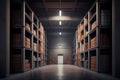 Warehouse interior. Commercial distribution warehouse with shelves and boxes. Created with Generative AI