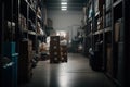 Warehouse interior. Commercial distribution warehouse with shelves and boxes. Created with Generative AI