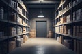 Warehouse interior. Commercial distribution warehouse with shelves and boxes. Created with Generative AI