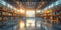 Warehouse Interior Featuring Shelves and Boxes: Showcasing Industrial Storage and Distribution.