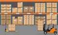 Warehouse interior with goods, pallet trucks and container package boxes. Flat vector Royalty Free Stock Photo