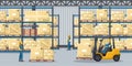 Warehouse interior with pallet racks with stacked boxes. Industrial worker driving a forklift. Forklift driving safety. Cargo and