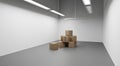 Warehouse interior with pile stacked sealed cardboard boxes. Realistic illustration empty storage room with white walls