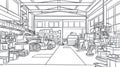 Industrial Workshop Line Art Construction Vehicles and Equipment Storage Royalty Free Stock Photo