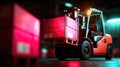 Warehouse interior with stacked boxes and a forklift in motion, surrounded by warm glowing light particles Royalty Free Stock Photo