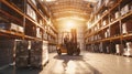 A warehouse interior with tall shelves filled with boxes. A forklift is operated by a man. Sunlight streams through the Royalty Free Stock Photo