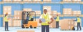 Warehouse interior with workers on the background of racks with boxes of goods on pallets. Forklift operator, manager, movers