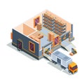 Warehouse isometric. Big storage house machines forklift transportation and loading truck warehouse building cross