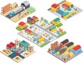 Warehouse isometric concept with workers, warehouse storage building, loading transport, delivery shipping boxes vector