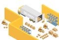 Warehouse isometric 3D warehouse interior map illustration with logistics transport and delivery vehicles. Loader Royalty Free Stock Photo